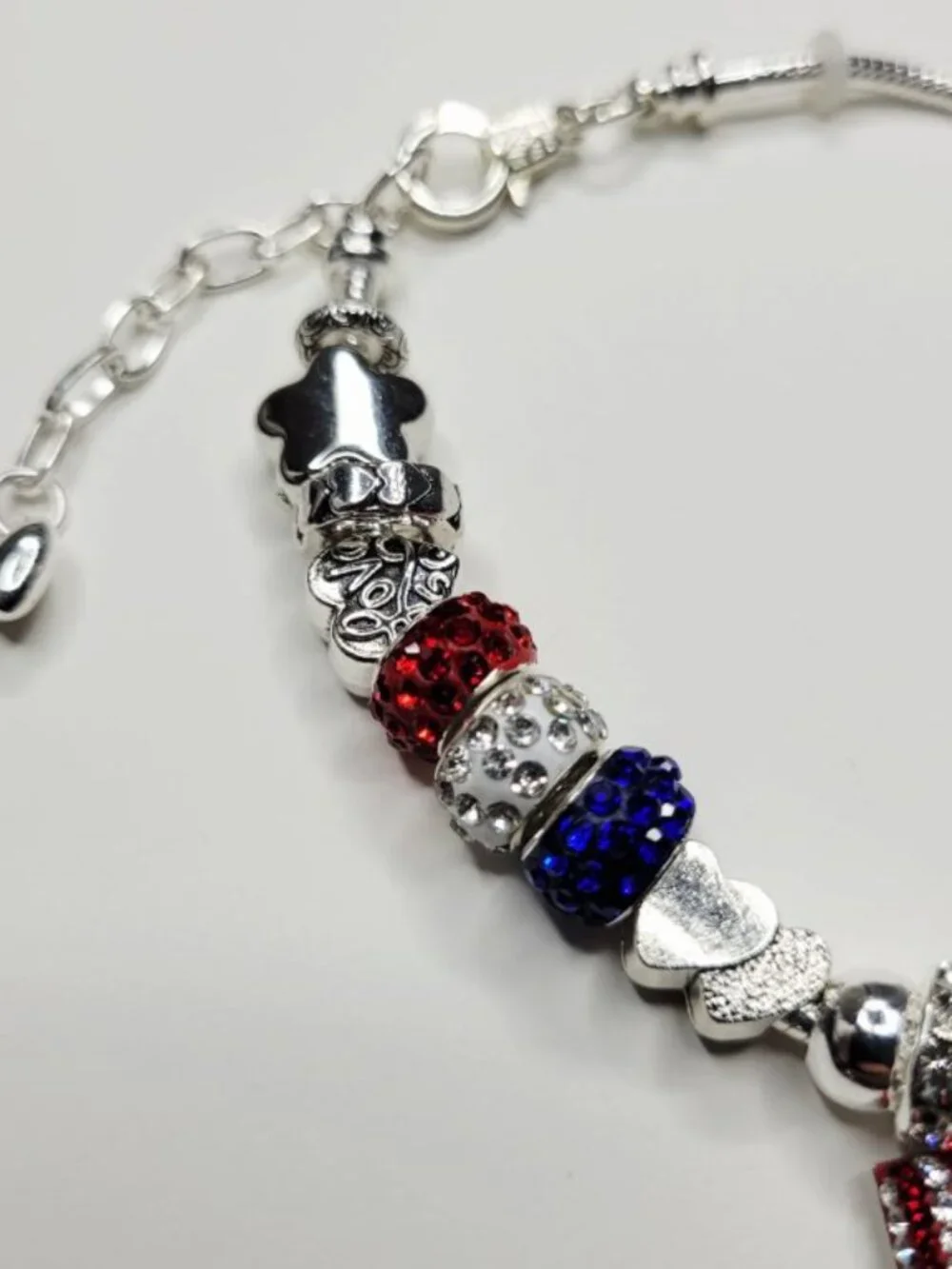 NWT Patriotic Pandora Style Charm Bracelet American Flag Red White Blue America